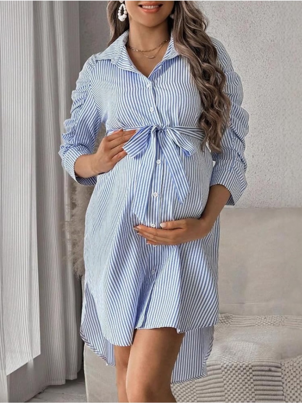 NWT Blue Striped Maternity Shirt Dress Size L | Tie Waist High Low Hem